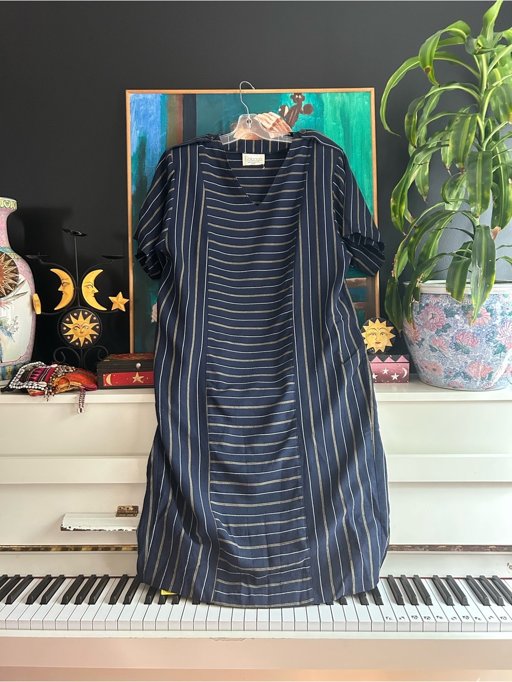 Vintage Reliance Navy Striped Midi Dress Made in Canada Minimalist Oversized
